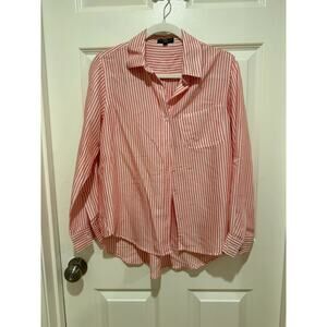 Pink Striped Top Shirt Button Popover Blouse
